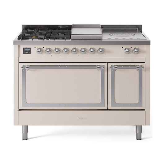 Ilve UN48FSQNMPAWC Ilve Un48Fsqnmpawc Nostalgie Ii Noblesse 48" Dual Fuel Range (5 Sealed Burners + Griddle + French Top, Natural Gas, Solid Door, Antique White, Chrome)