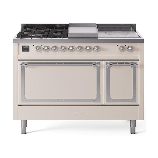 Ilve UN48FSQNMPAWC Ilve Un48Fsqnmpawc Nostalgie Ii Noblesse 48" Dual Fuel Range (5 Sealed Burners + Griddle + French Top, Natural Gas, Solid Door, Antique White, Chrome)