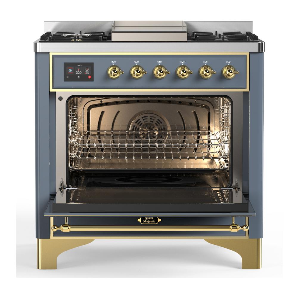 Ilve UM36FNR3BGG Ilve Um36Fnr3Bgg Majestic Iii 36 Inch Dual Fuel Range With 6 Black Brass Burners And Griddle, Dual Function Burner Up To 25,000 Btu (Triple Glass Door, Blue Grey, Brass, Natural Gas)