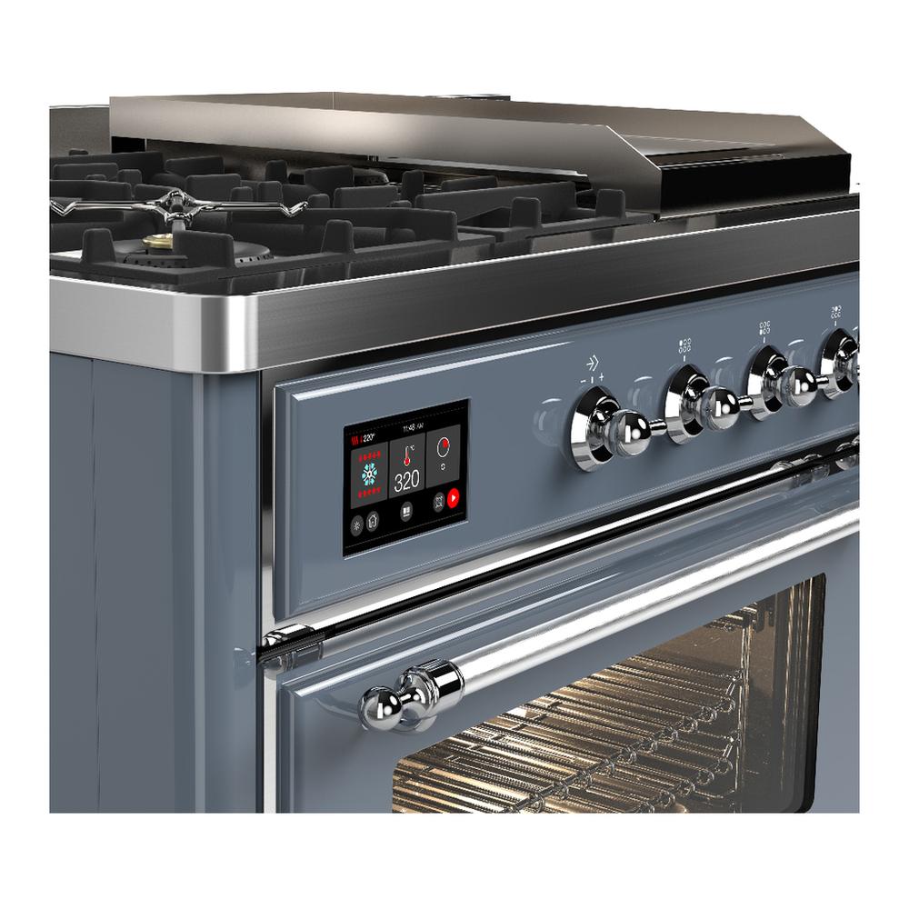 Ilve UM48FSNR3BGC Ilve Um48Fsnr3Bgc Majestic Iii 48 Inch Dual Fuel Range With 5 Black Brass Burners, Griddle And French Top, Dual Function Burner Up To 25,000 Btu (Natural Gas, Triple Glass Door, Blue Grey, Chrome)