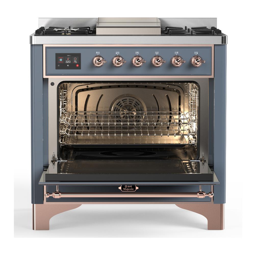 Ilve UM36FNR3BGPLP Ilve Um36Fnr3Bgplp Majestic Iii 36 Inch Dual Fuel Range With 6 Black Brass Burners And Griddle, Dual Function Burner Up To 25,000 Btu (Triple Glass Door, Blue Grey, Copper, Liquid Propane)