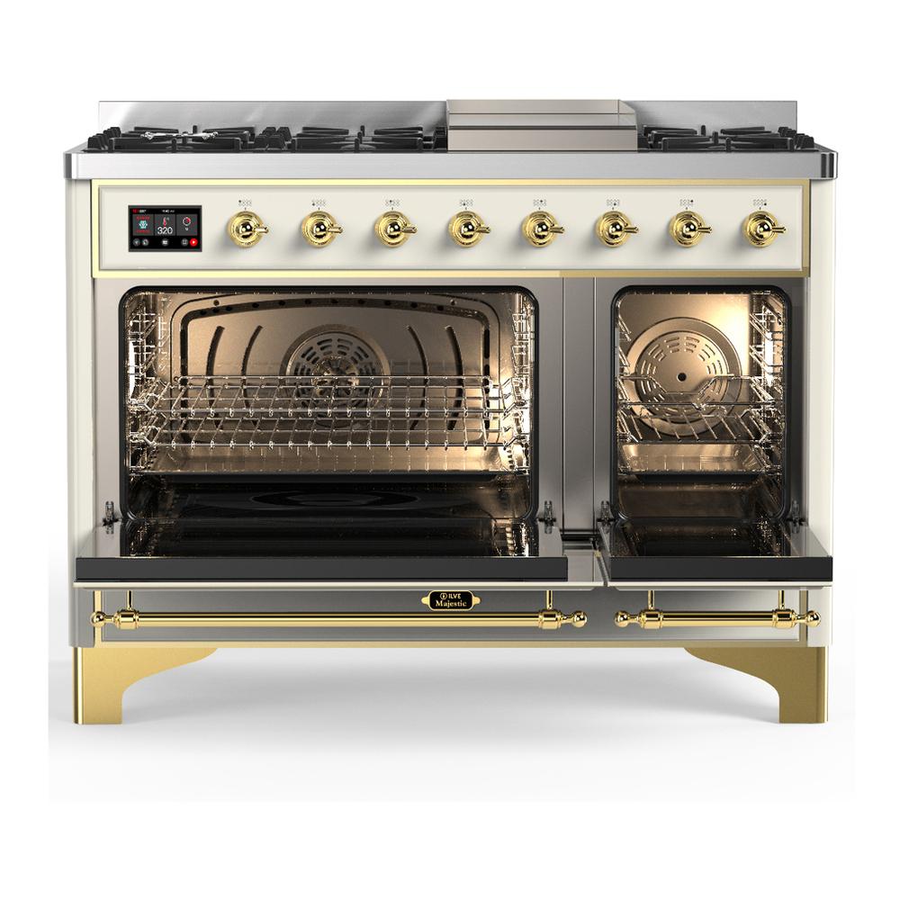 Ilve UM48FQNR3AWGLP Ilve Um48Fqnr3Awglp Majestic Iii 48 Inch Dual Fuel Range With 8 Burners And Griddle, Dual Function Burner Up To 25,000 Btu (Liquid Propane, Solid Door, Antique White, Brass)