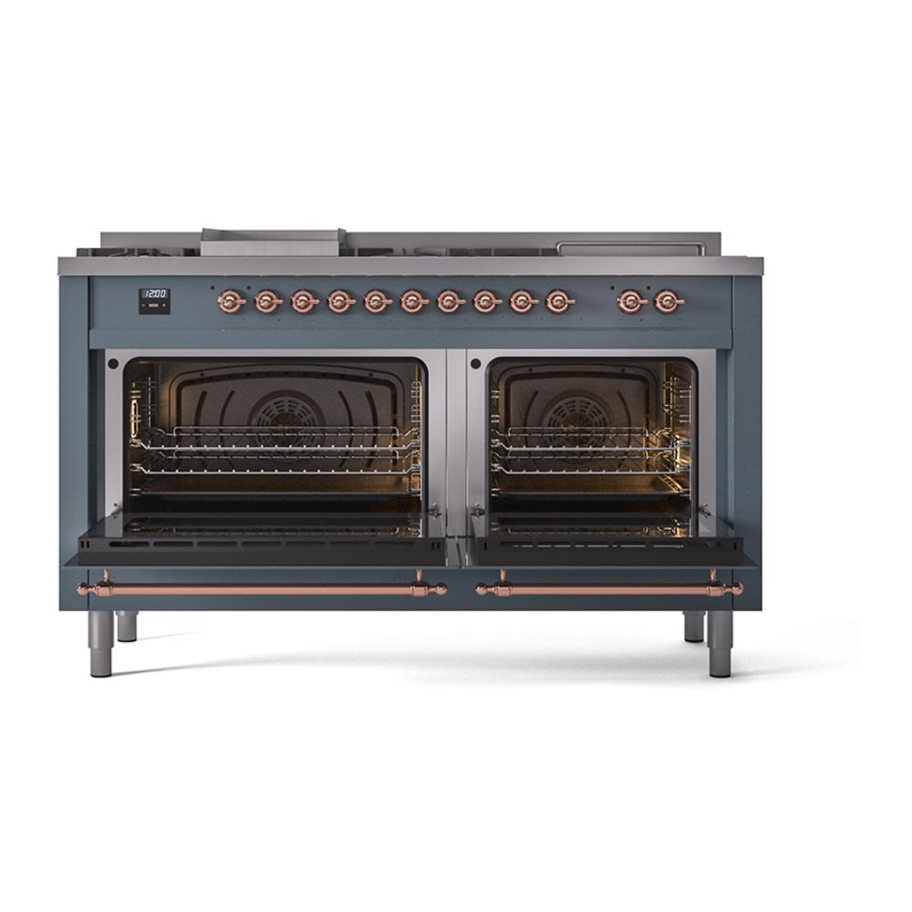 Ilve UN60FSQNMPBGP Ilve Un60Fsqnmpbgp Nostalgie Ii Noblesse 60" Dual Fuel Range (7 Sealed Burners + Griddle + French Top, Natural Gas, Solid Door, Blue Grey, Copper)