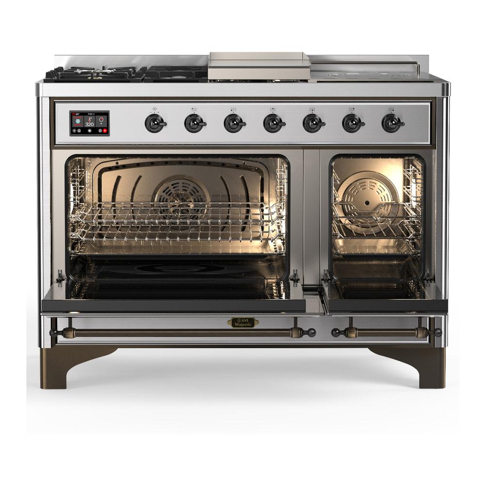 Ilve UM48FSQNR3SSB Ilve Um48Fsqnr3Ssb Majestic Iii 48 Inch Dual Fuel Range With 5 Black Brass Burners, Griddle And French Top, Dual Function Burner Up To 25,000 Btu (Natural Gas, Solid Door, Stainless Steel, Burnished)