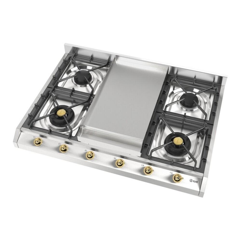 Ilve UHCP965FNSSGLP Ilve Uhcp965Fnssglp Nostalgie Ii 36 Inch Gas Cooktop With Griddle, In Stainless Steel (Liquid Propane, Brass)