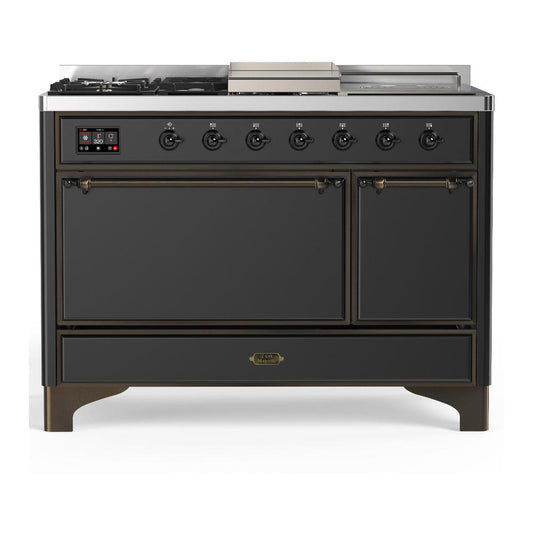 Ilve UM48FSQNR3MGBLP Ilve Um48Fsqnr3Mgblp Majestic Iii 48 Inch Dual Fuel Range With 5 Black Brass Burners, Griddle And French Top, Dual Function Burner Up To 25,000 Btu (Liquid Propane, Solid Door, Graphite Matte, Burnished)