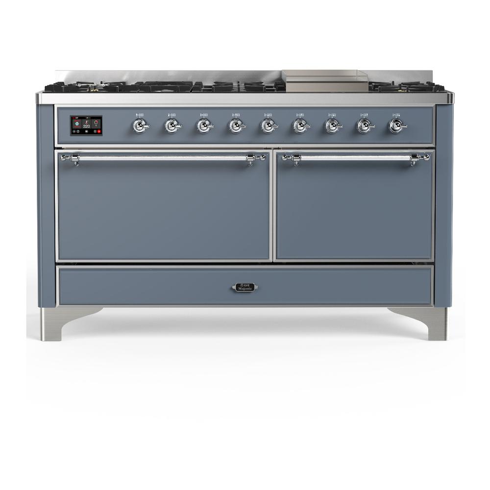 Ilve UM60FQNR3BGC Ilve Um60Fqnr3Bgc Majestic Iii 60 Inch Dual Fuel Range With 9 Burners And Griddle, Dual Function Burner Up To 25,000 Btu (Natural Gas, Solid Door, Blue Grey, Chrome)