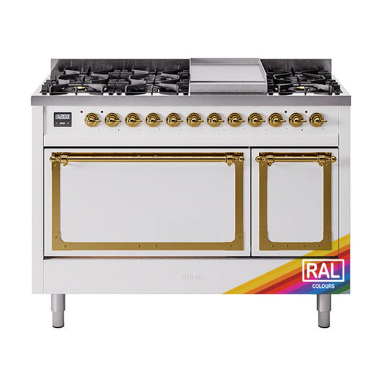 Ilve UN48FQNMPRAG Ilve Un48Fqnmprag Nostalgie Ii Noblesse 48" Dual Fuel Range (8 Sealed Burners + Griddle, Natural Gas, Solid Door, Ral, Brass)