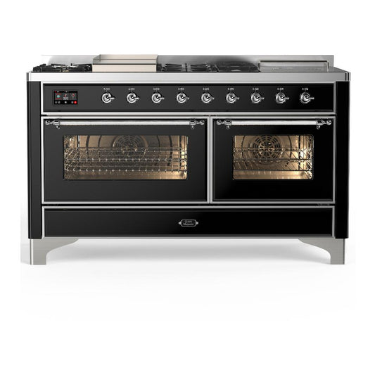 Ilve UM60FSNR3BKCLP Ilve Um60Fsnr3Bkclp Majestic Iii 60 Inch Dual Fuel Range With 7 Burners, Griddle And French Top, Dual Function Burner With Up To 25,000 Btu (Liquid Propane, Triple Glass Door, Glossy Black, Chrome)