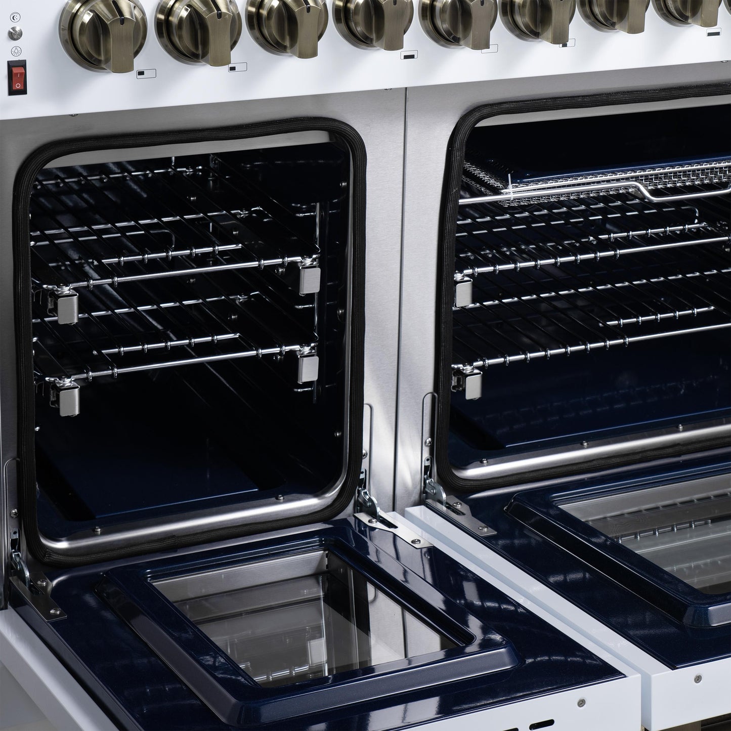 Forno FFSGS612548WHT Forno Massimo 48 Inch Freestanding Dual Fuel Range In White With Antique Brass Accessories, 8 Burners, 6.58 Cu. Ft. Convection Oven
