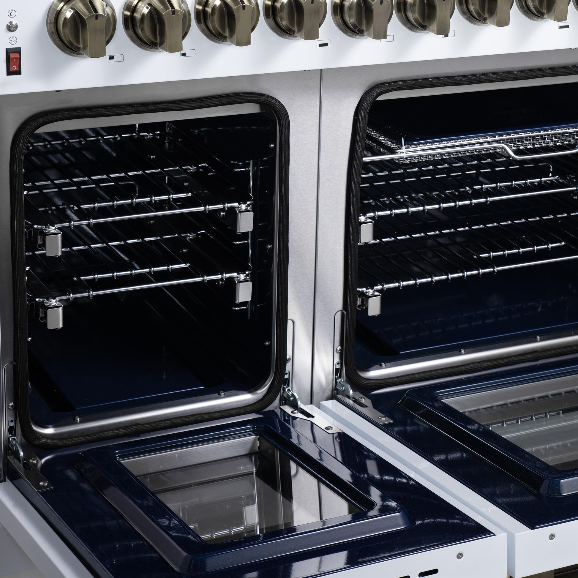 Forno FFSGS612548WHT Forno Massimo 48 Inch Freestanding Dual Fuel Range In White With Antique Brass Accessories, 8 Burners, 6.58 Cu. Ft. Convection Oven