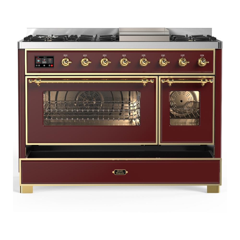 Ilve UM48FNR3BUG Ilve Um48Fnr3Bug Majestic Iii 48 Inch Dual Fuel Range With 8 Burners And Griddle, Dual Function Burner Up To 25,000 Btu (Natural Gas, Triple Glass Door, Burgundy, Brass)