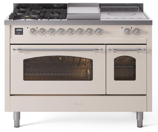 Ilve UP48FSNMPAWC Nostalgie Ii 48 Inch Dual Fuel Natural Gas Freestanding Range In Antique White With Chrome Trim
