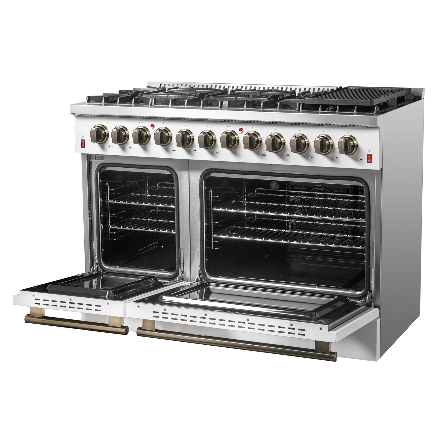 Forno FFSGS615648WHT Galiano 48-Inch Dual Fuel Range White & Antique Brass Design With 8 Sealed Burners 107,000 Btu, 6.58 Cu. Ft. Double Ovens & Griddle