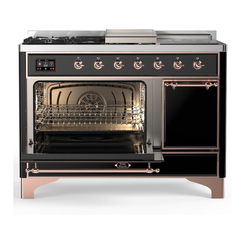 Ilve UM48FSQNR3BKPLP Ilve Um48Fsqnr3Bkplp Majestic Iii 48 Inch Dual Fuel Range With 5 Black Brass Burners, Griddle And French Top, Dual Function Burner Up To 25,000 Btu (Liquid Propane, Solid Door, Glossy Black, Copper)