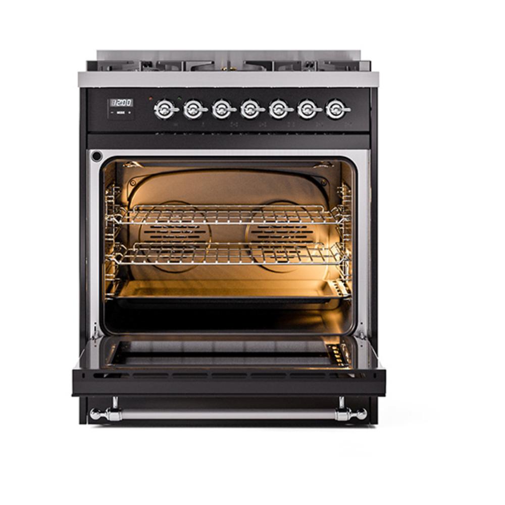 Ilve UN30NMPBKCLP Ilve Un30Nmpbkclp Nostalgie Ii Noblesse 30" Dual Fuel Range (Liquid Propane, Triple Glass Door, Glossy Black, Chrome)