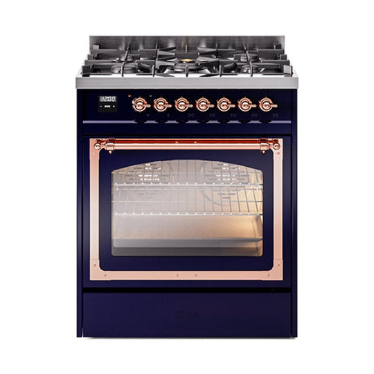 Ilve UN30NMPMBPLP Ilve Un30Nmpmbplp Nostalgie Ii Noblesse 30" Dual Fuel Range (Liquid Propane, Triple Glass Door, Midnight Blue, Copper)