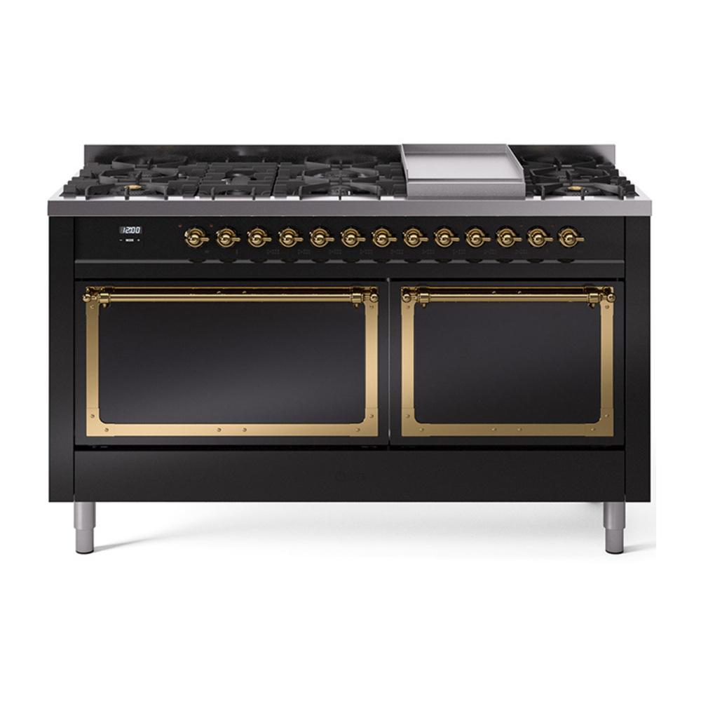 Ilve UN60FQNMPBKG Ilve Un60Fqnmpbkg Nostalgie Ii Noblesse 60" Dual Fuel Range (9 Sealed Burners + Griddle, Natural Gas, Solid Door, Glossy Black, Brass)
