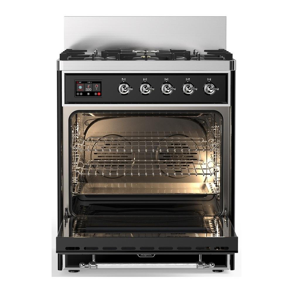 Ilve UM30NR3BKCLP Ilve Um30Nr3Bkclp Majestic Iii 30 Inch Dual Fuel Range With 5 Black Brass Burners, Dual Function Burner Up To 25,000 Btu (Liquid Propane, Triple Glass Door, Glossy Black, Chrome)