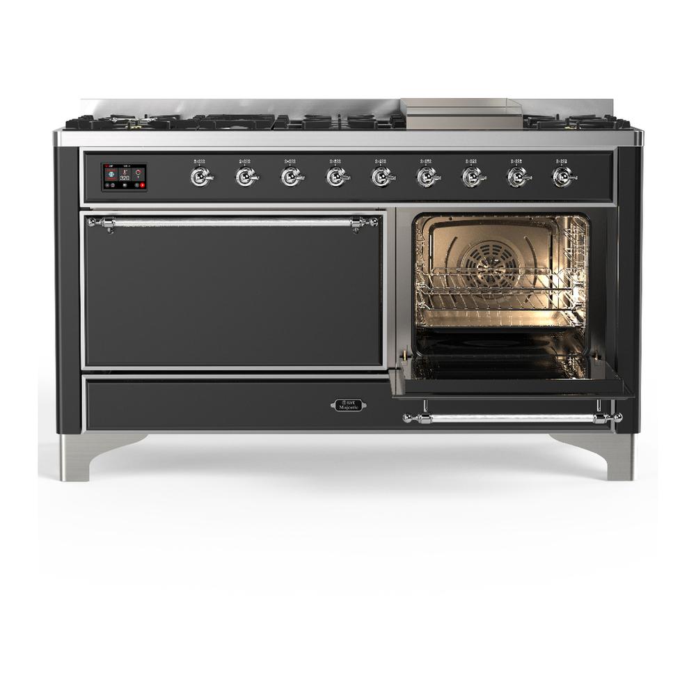 Ilve UM60FQNR3MGC Ilve Um60Fqnr3Mgc Majestic Iii 60 Inch Dual Fuel Range With 9 Burners And Griddle, Dual Function Burner Up To 25,000 Btu (Natural Gas, Solid Door, Graphite Matte, Chrome)