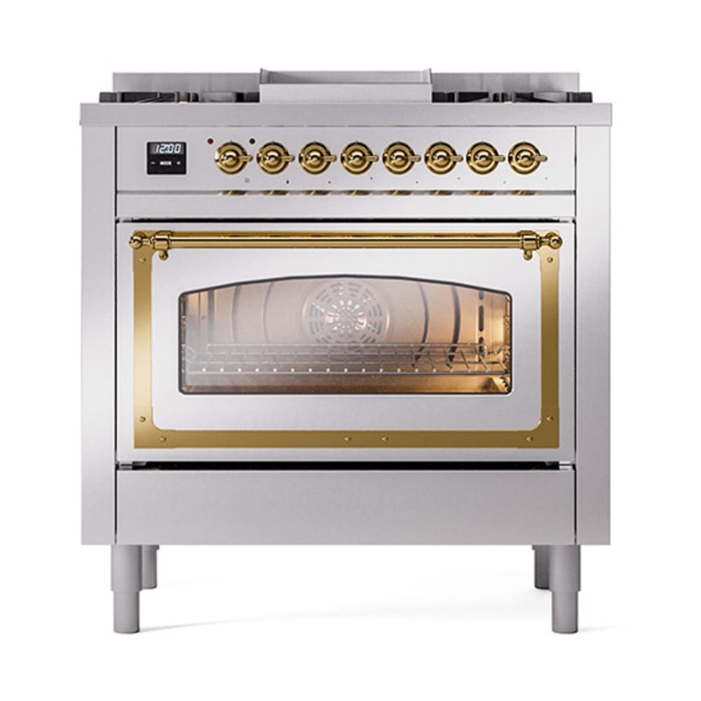 Ilve UN36FNMPSSG Ilve Un36Fnmpssg Nostalgie Ii Noblesse 36" Dual Fuel Range (Natural Gas, Triple Glass Door, Stainless Steel, Brass)