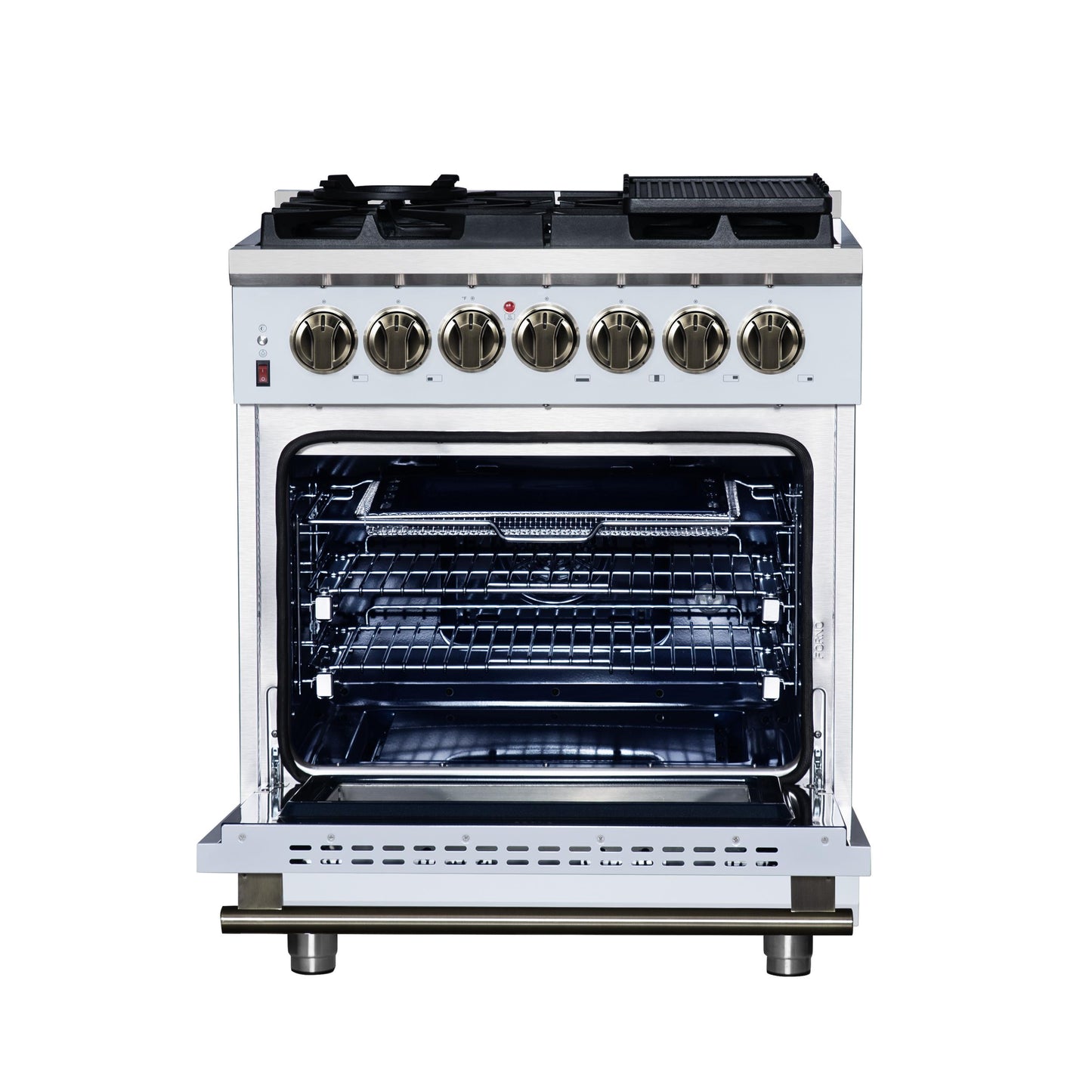 Forno FFSGS612530WHT Forno Massimo 30-Inch Freestanding Dual Fuel Range In White With Antique Brass Accessories, 4 Burners, 4.32 Cu. Ft. Convection Oven