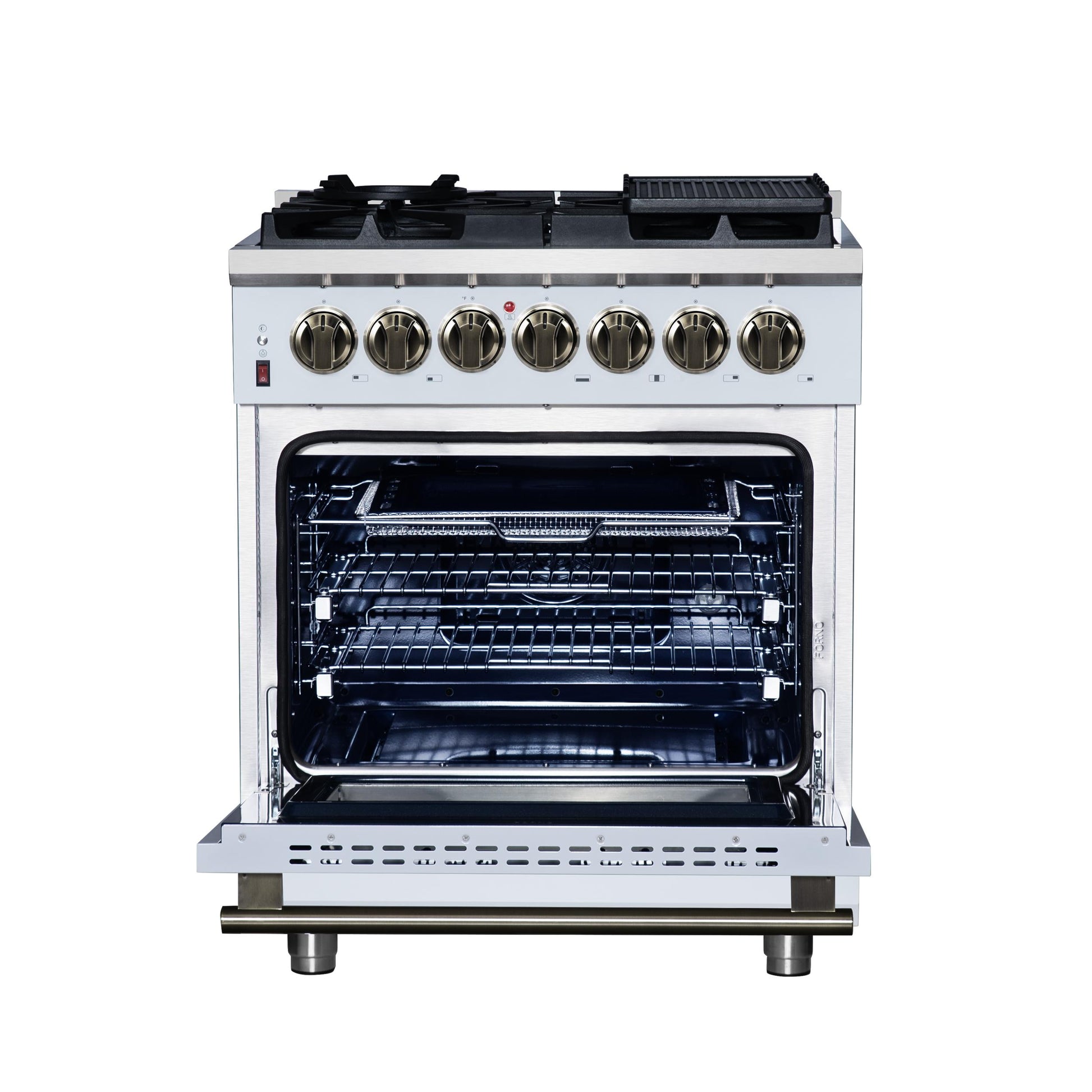 Forno FFSGS612530WHT Forno Massimo 30-Inch Freestanding Dual Fuel Range In White With Antique Brass Accessories, 4 Burners, 4.32 Cu. Ft. Convection Oven