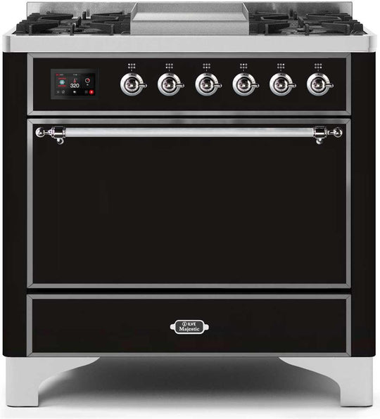 Ilve UM09FDQNS3BKC Majestic Ii 36 Inch Dual Fuel Natural Gas Freestanding Range In Glossy Black With Chrome Trim