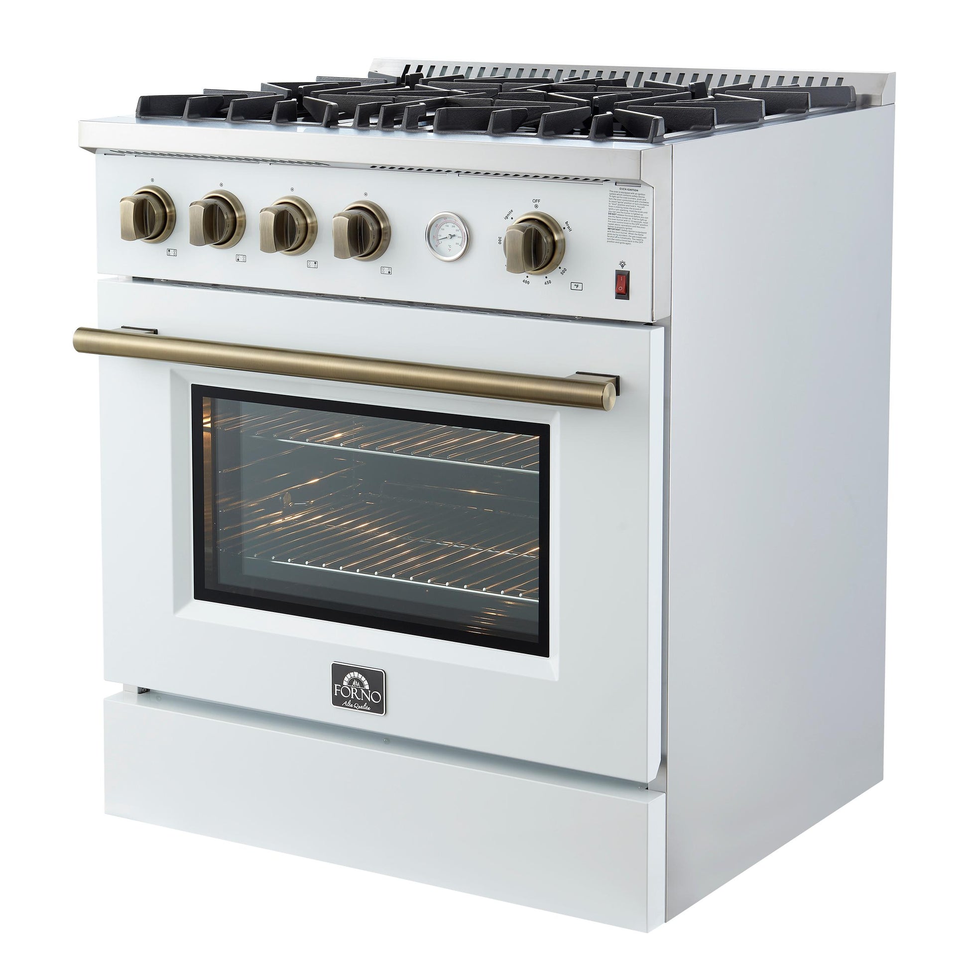Forno FFSGS627730WHT Marco 30-Inch Gas Range White & Antique Brass Design, 4 Burners 37,000 Btu, 4.32 Cu.Ft. Convection Oven