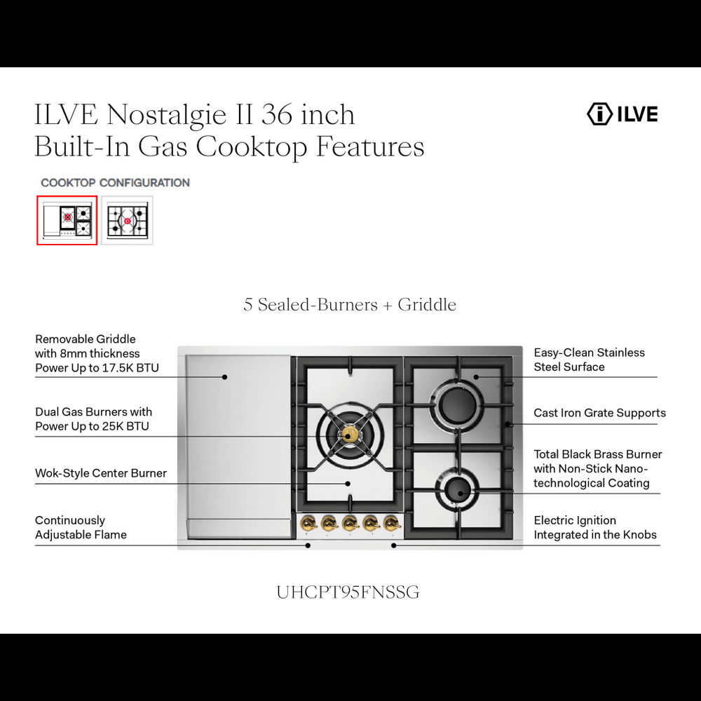 Ilve UHCPT95FNSSG Ilve Uhcpt95Fnssg Nostalgie Ii 36 Inch Built-In Gas Cooktop With Total Black Brass Burners, In Stainless Steel (5 Sealed Burners + Griddle, Natural Gas)