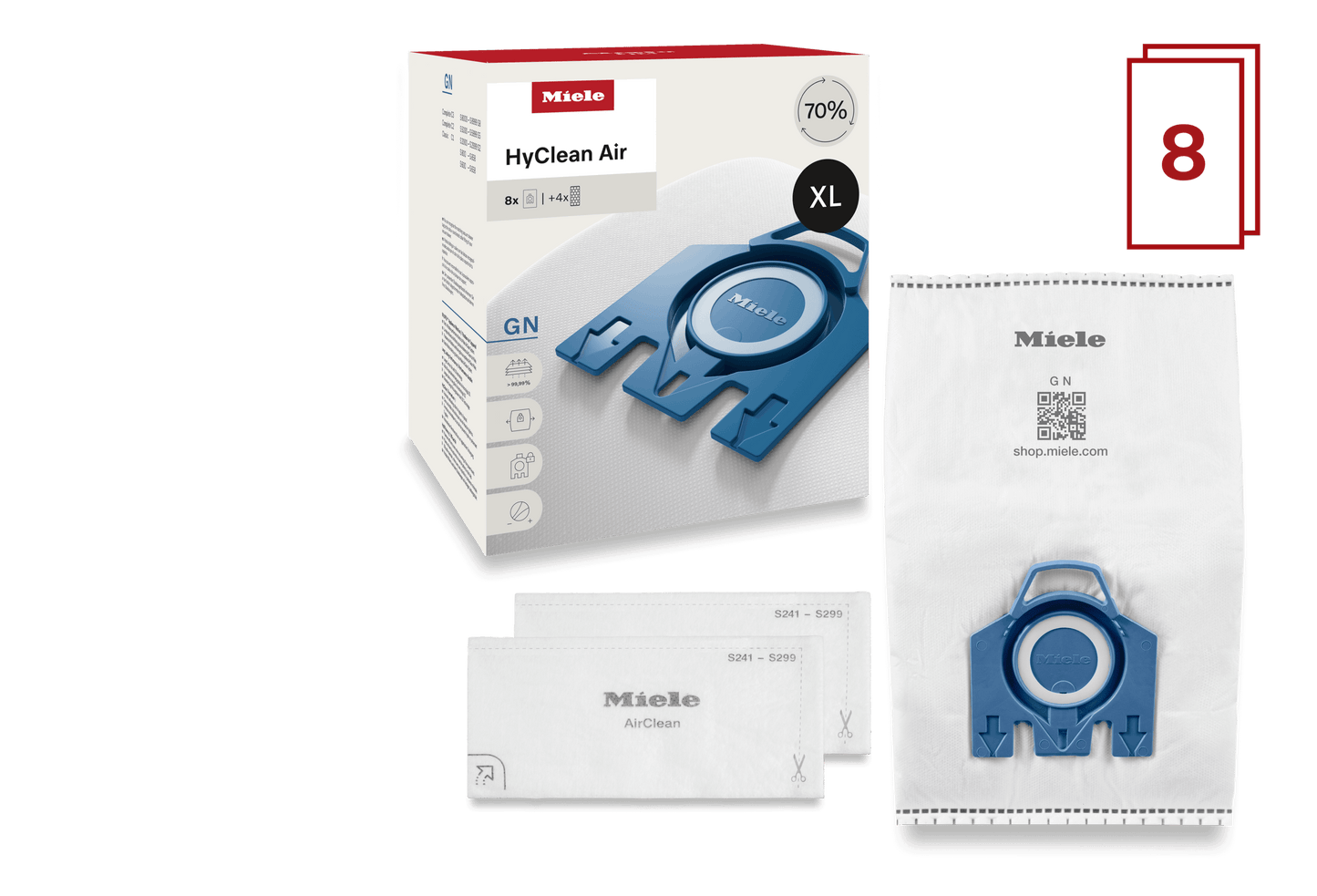 Miele GNXLHYCLEANAIR 8 Vacuum Bags At A Special Price - For Complete C2, Complete C3, Classic C1, S8, S5, S2.