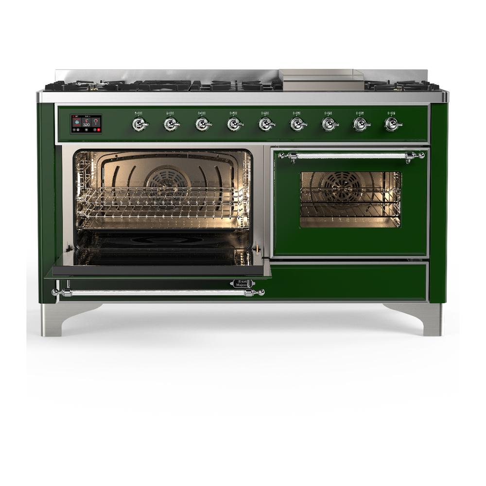 Ilve UM60FNR3EGC Ilve Um60Fnr3Egc Majestic Iii 60 Inch Dual Fuel Range With 9 Burners And Griddle, Dual Function Burner Up To 25,000 Btu (Natural Gas, Triple Glass Door, Emerald Green, Chrome)