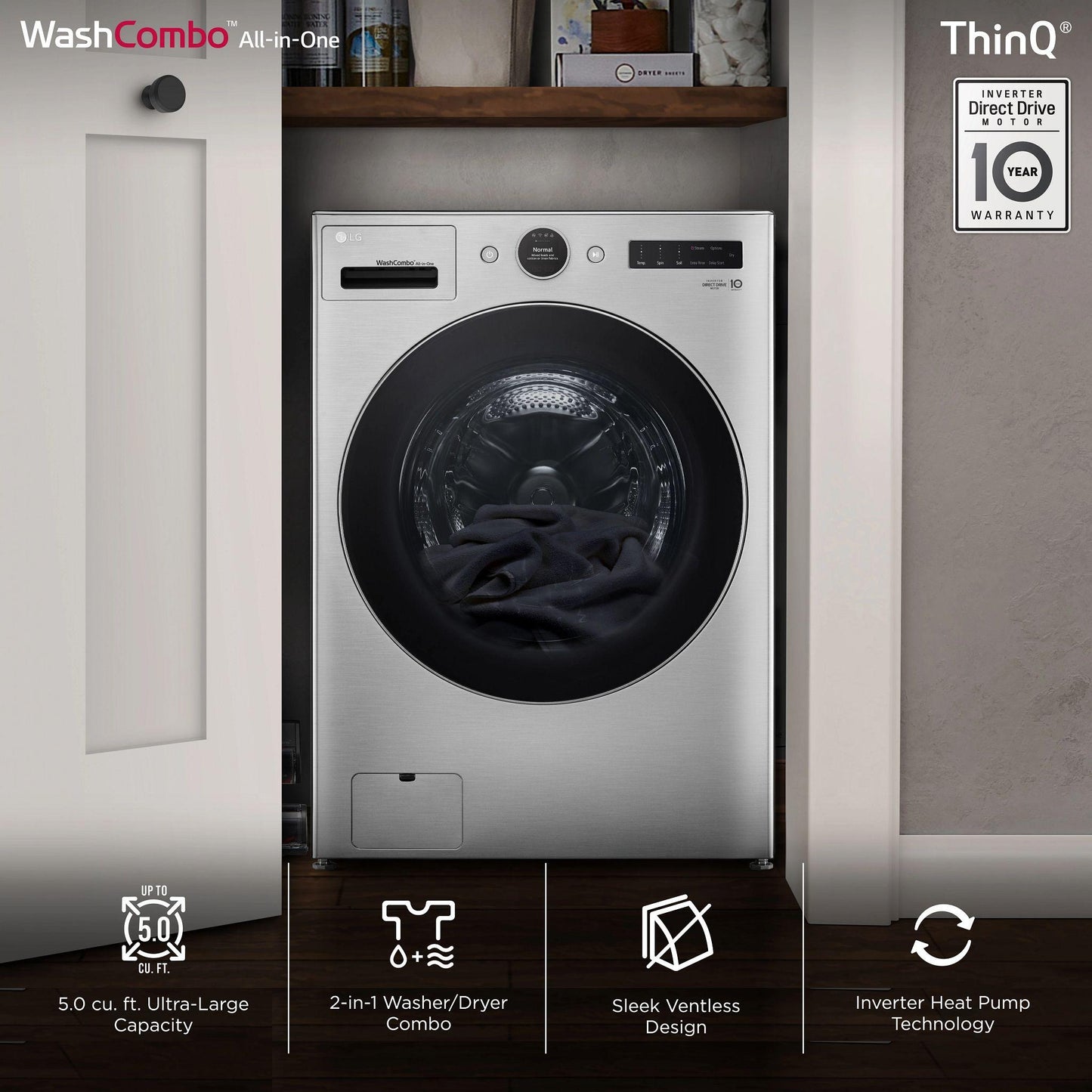Lg WM6998HVA Ventless Washer/Dryer Combo Lg Washcombo™ All-In-One 5.0 Cu. Ft. Mega Capacity With Inverter Heatpump™ Technology And Direct Drive Motor