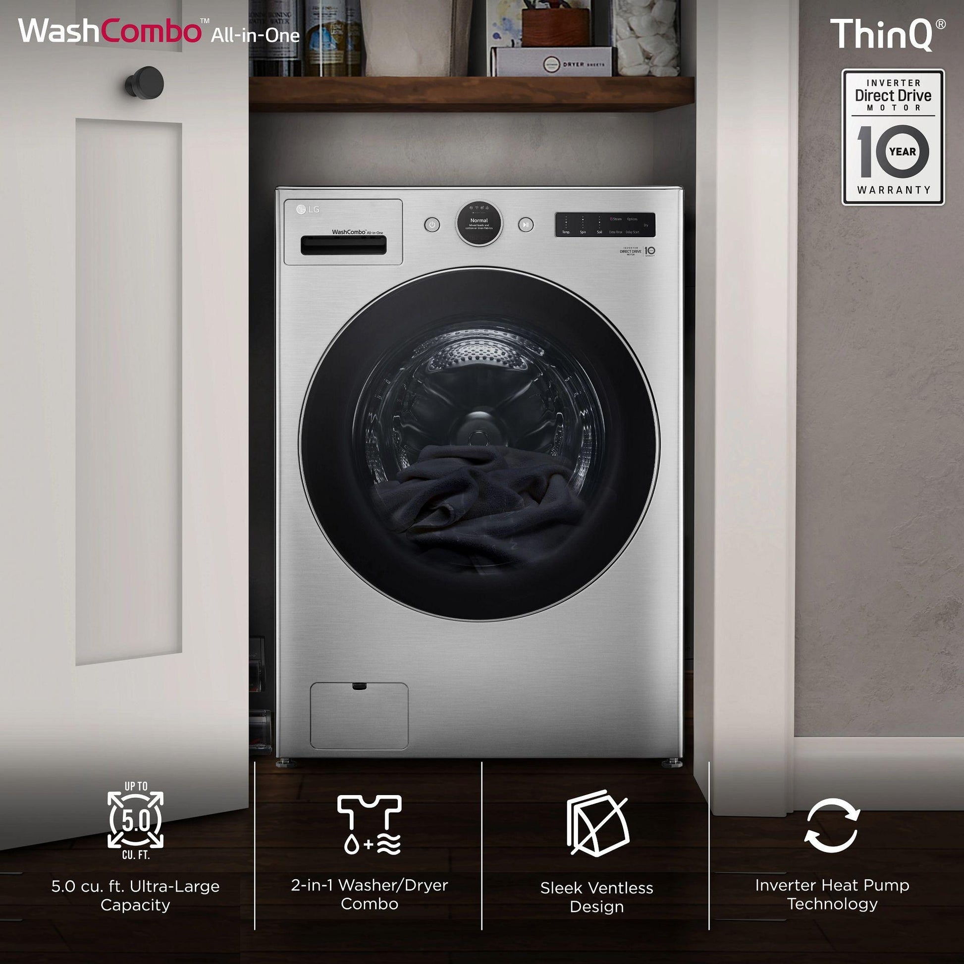 Lg WM6998HVA Ventless Washer/Dryer Combo Lg Washcombo™ All-In-One 5.0 Cu. Ft. Mega Capacity With Inverter Heatpump™ Technology And Direct Drive Motor
