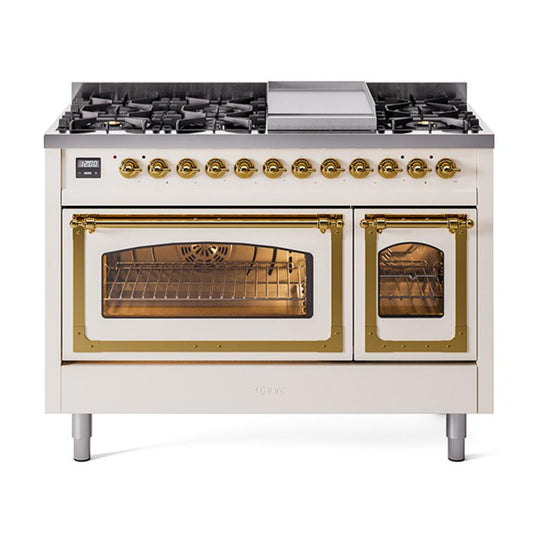 Ilve UN48FNMPAWGLP Ilve Un48Fnmpawglp Nostalgie Ii Noblesse 48" Dual Fuel Range (8 Sealed Burners + Griddle, Liquid Propane, Triple Glass Door, Antique White, Brass)