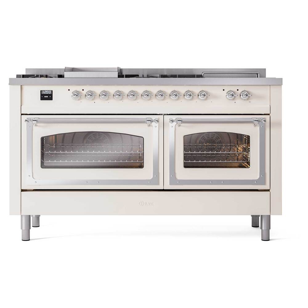 Ilve UN60FSNMPAWCLP Ilve Un60Fsnmpawclp Nostalgie Ii Noblesse 60" Dual Fuel Range (7 Sealed Burners + Griddle + French Top, Liquid Propane, Triple Glass Door, Antique White, Chrome)