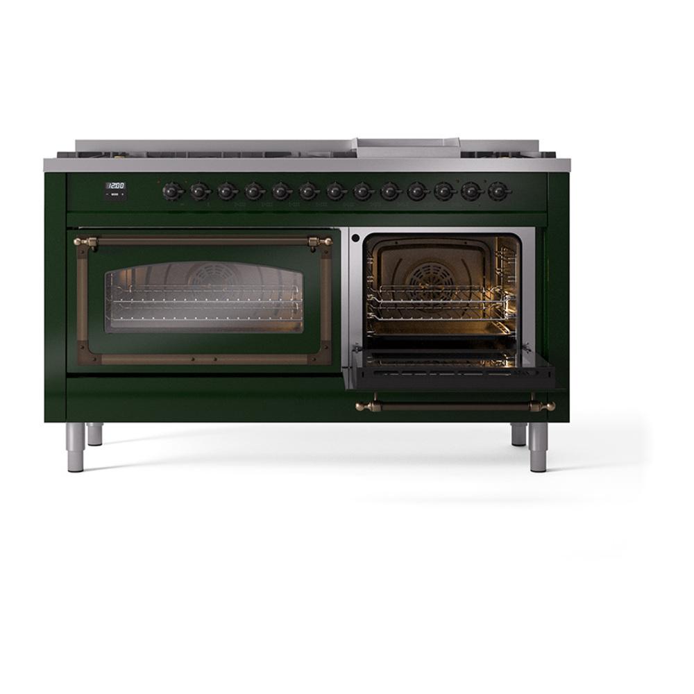 Ilve UN60FNMPEGBLP Ilve Un60Fnmpegblp Nostalgie Ii Noblesse 60" Dual Fuel Range (9 Sealed Burners + Griddle, Liquid Propane, Triple Glass Door, Emerald Green, Burnished)