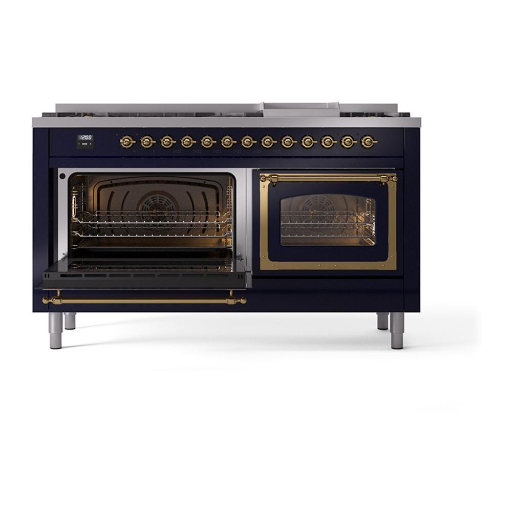 Ilve UN60FNMPMBG Ilve Un60Fnmpmbg Nostalgie Ii Noblesse 60" Dual Fuel Range (9 Sealed Burners + Griddle, Natural Gas, Triple Glass Door, Midnight Blue, Brass)