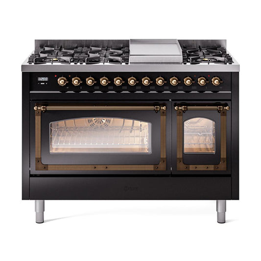 Ilve UN48FNMPBKBLP Ilve Un48Fnmpbkblp Nostalgie Ii Noblesse 48" Dual Fuel Range (8 Sealed Burners + Griddle, Liquid Propane, Triple Glass Door, Glossy Black, Burnished)