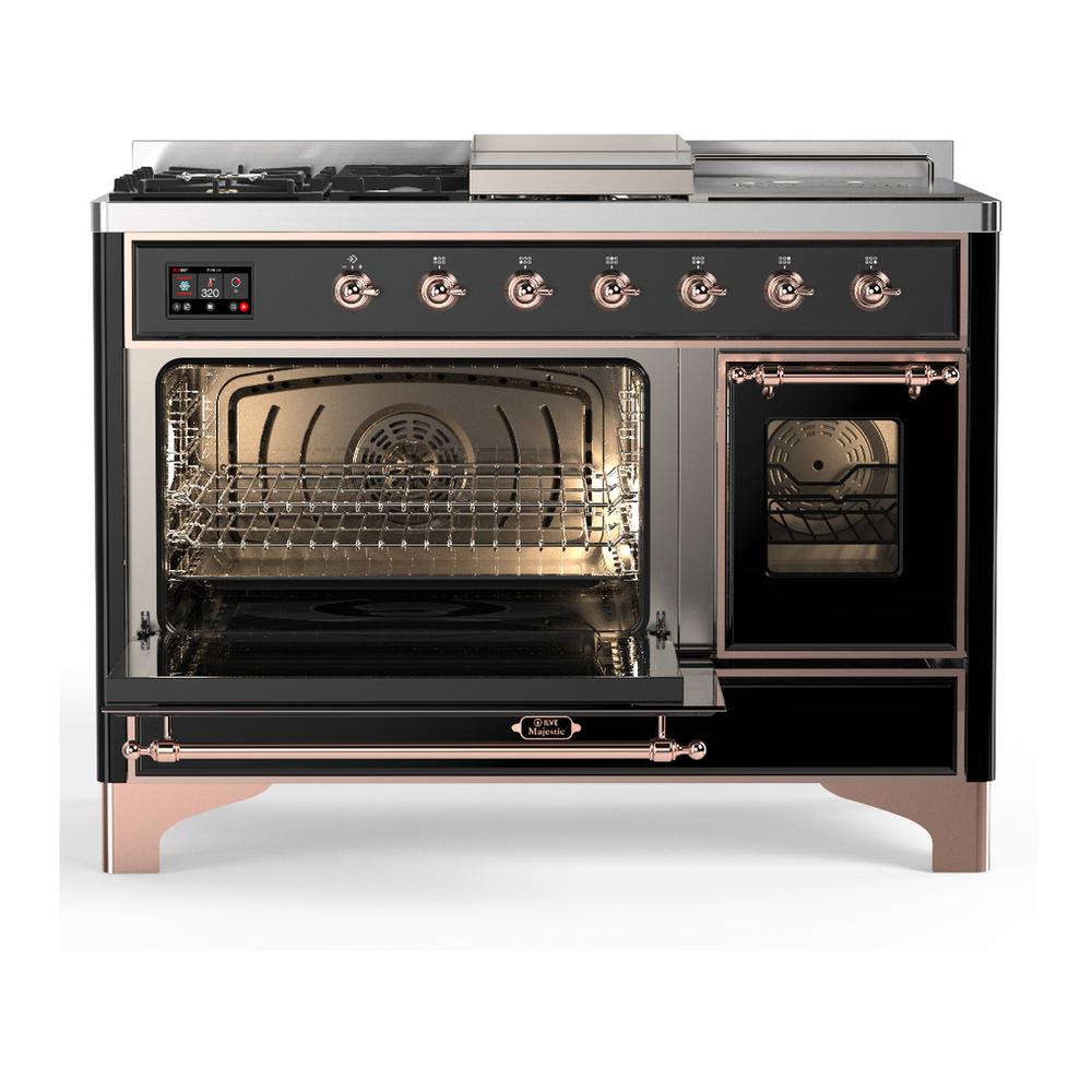 Ilve UM48FSNR3BKP Ilve Um48Fsnr3Bkp Majestic Iii 48 Inch Dual Fuel Range With 5 Black Brass Burners, Griddle And French Top, Dual Function Burner Up To 25,000 Btu (Natural Gas, Triple Glass Door, Glossy Black, Copper)