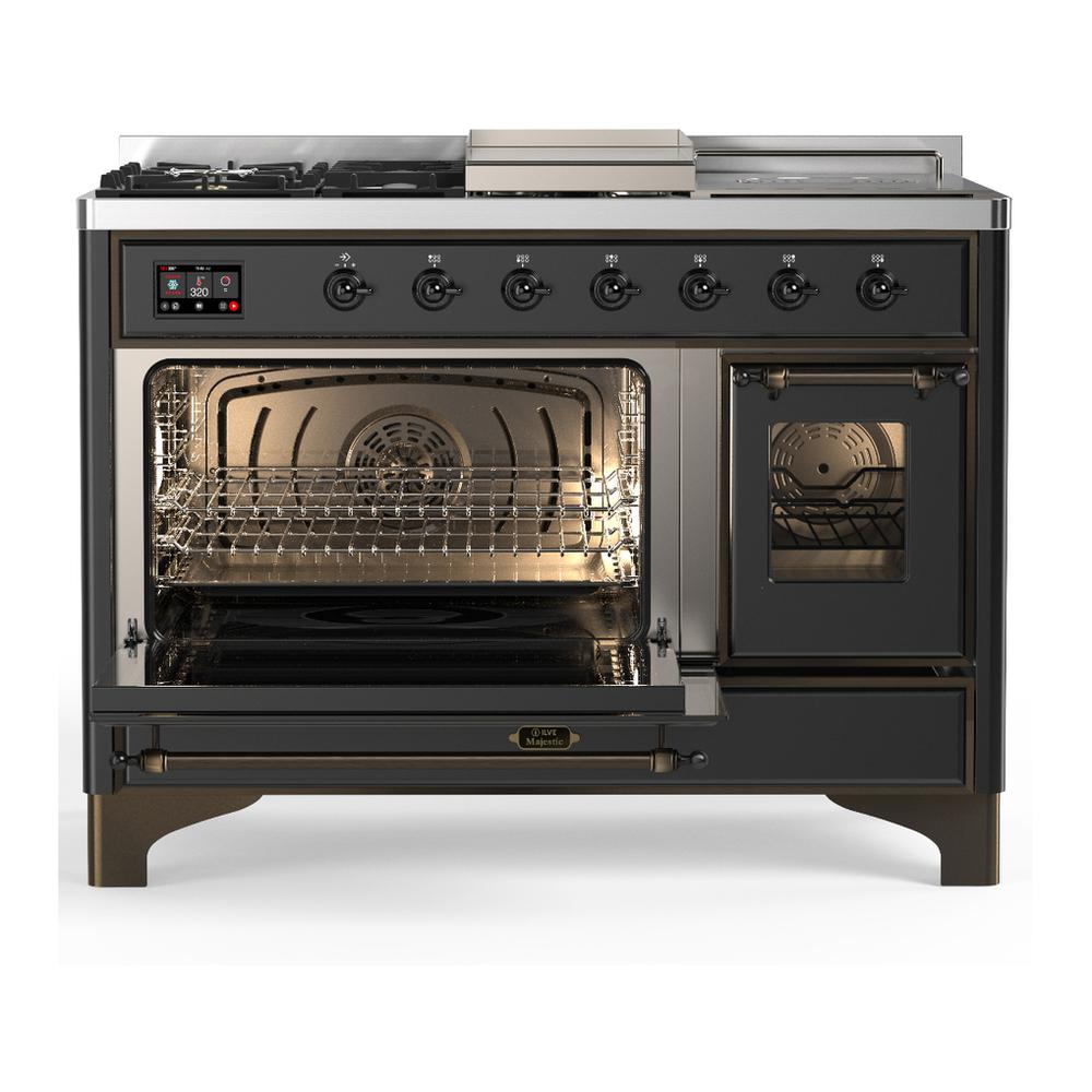 Ilve UM48FSNR3MGB Ilve Um48Fsnr3Mgb Majestic Iii 48 Inch Dual Fuel Range With 5 Black Brass Burners, Griddle And French Top, Dual Function Burner Up To 25,000 Btu (Natural Gas, Triple Glass Door, Graphite Matte, Burnished)