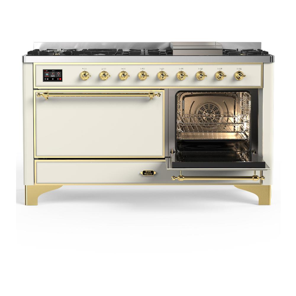 Ilve UM60FQNR3AWG Ilve Um60Fqnr3Awg Majestic Iii 60 Inch Dual Fuel Range With 9 Burners And Griddle, Dual Function Burner Up To 25,000 Btu (Natural Gas, Solid Door, Antique White, Brass)