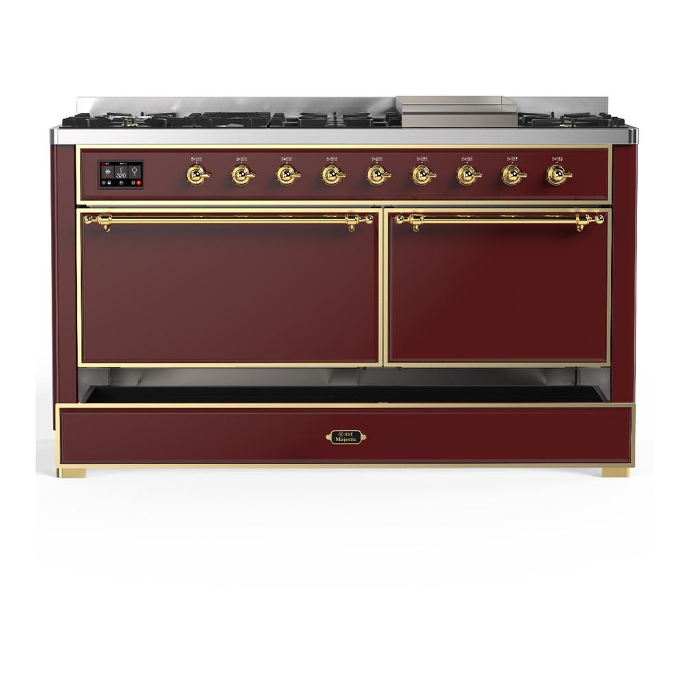 Ilve UM60FQNR3BUGLP Ilve Um60Fqnr3Buglp Majestic Iii 60 Inch Dual Fuel Range With 9 Burners And Griddle, Dual Function Burner Up To 25,000 Btu (Liquid Propane, Solid Door, Burgundy, Brass)