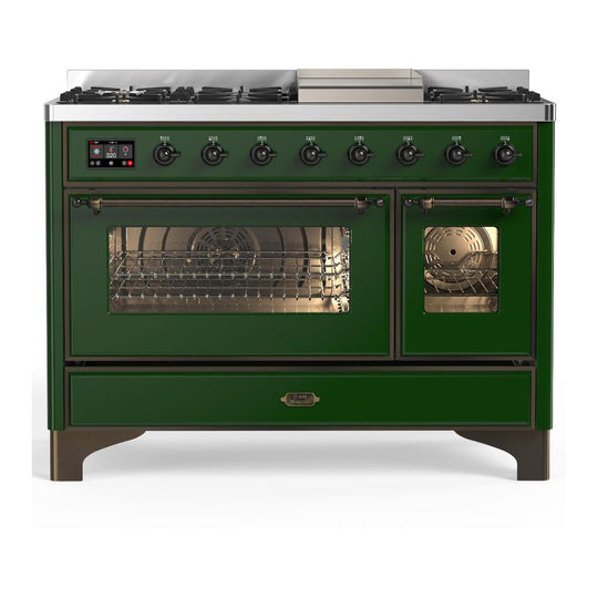 Ilve UM48FNR3EGB Ilve Um48Fnr3Egb Majestic Iii 48 Inch Dual Fuel Range With 8 Burners And Griddle, Dual Function Burner Up To 25,000 Btu (Natural Gas, Triple Glass Door, Emerald Green, Burnished)
