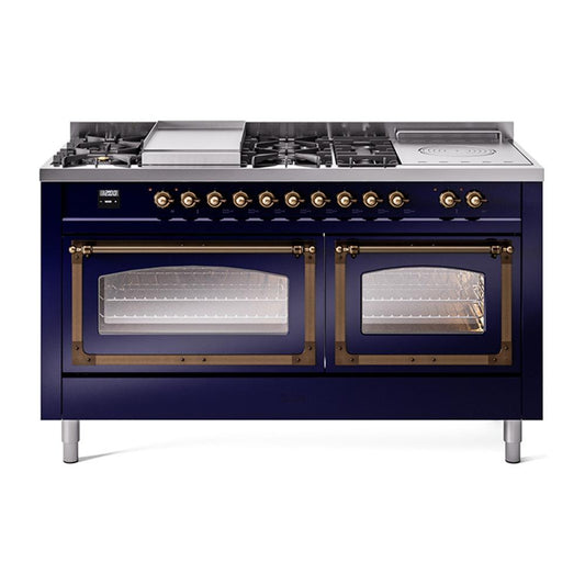 Ilve UN60FSNMPMBBLP Ilve Un60Fsnmpmbblp Nostalgie Ii Noblesse 60" Dual Fuel Range (7 Sealed Burners + Griddle + French Top, Liquid Propane, Triple Glass Door, Midnight Blue, Burnished)