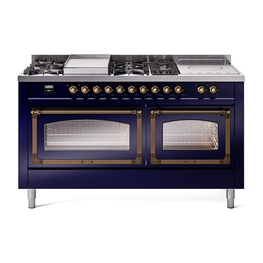 Ilve UN60FSNMPMBBLP Ilve Un60Fsnmpmbblp Nostalgie Ii Noblesse 60" Dual Fuel Range (7 Sealed Burners + Griddle + French Top, Liquid Propane, Triple Glass Door, Midnight Blue, Burnished)
