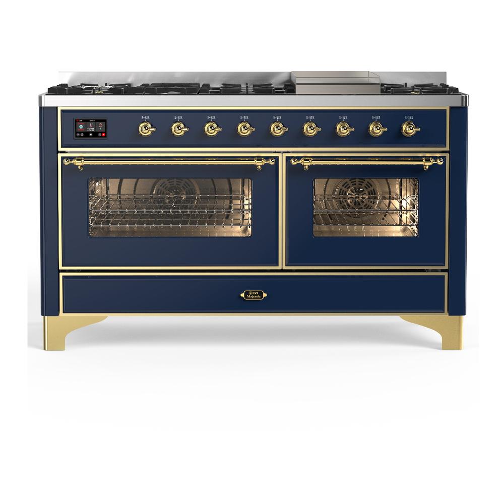 Ilve UM60FNR3MBGLP Ilve Um60Fnr3Mbglp Majestic Iii 60 Inch Dual Fuel Range With 9 Burners And Griddle, Dual Function Burner Up To 25,000 Btu (Liquid Propane, Triple Glass Door, Midnight Blue, Brass)