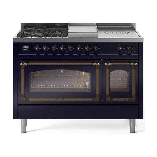 Ilve UN48FSNMPMBBLP Ilve Un48Fsnmpmbblp Nostalgie Ii Noblesse 48" Dual Fuel Range (5 Sealed Burners + Griddle + French Top, Liquid Propane, Triple Glass Door, Midnight Blue, Burnished)