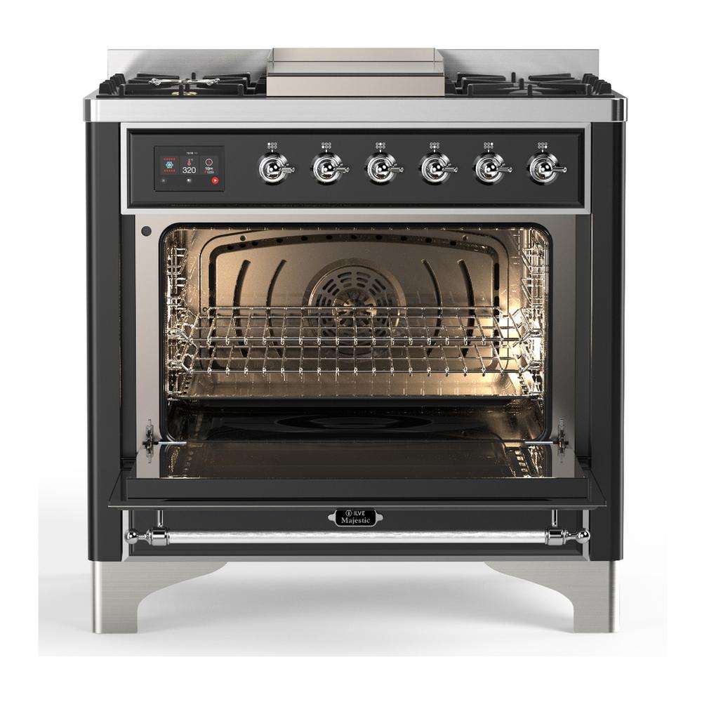 Ilve UM36FNR3MGCLP Ilve Um36Fnr3Mgclp Majestic Iii 36 Inch Dual Fuel Range With 6 Black Brass Burners And Griddle, Dual Function Burner Up To 25,000 Btu (Triple Glass Door, Graphite Matte, Chrome, Liquid Propane)