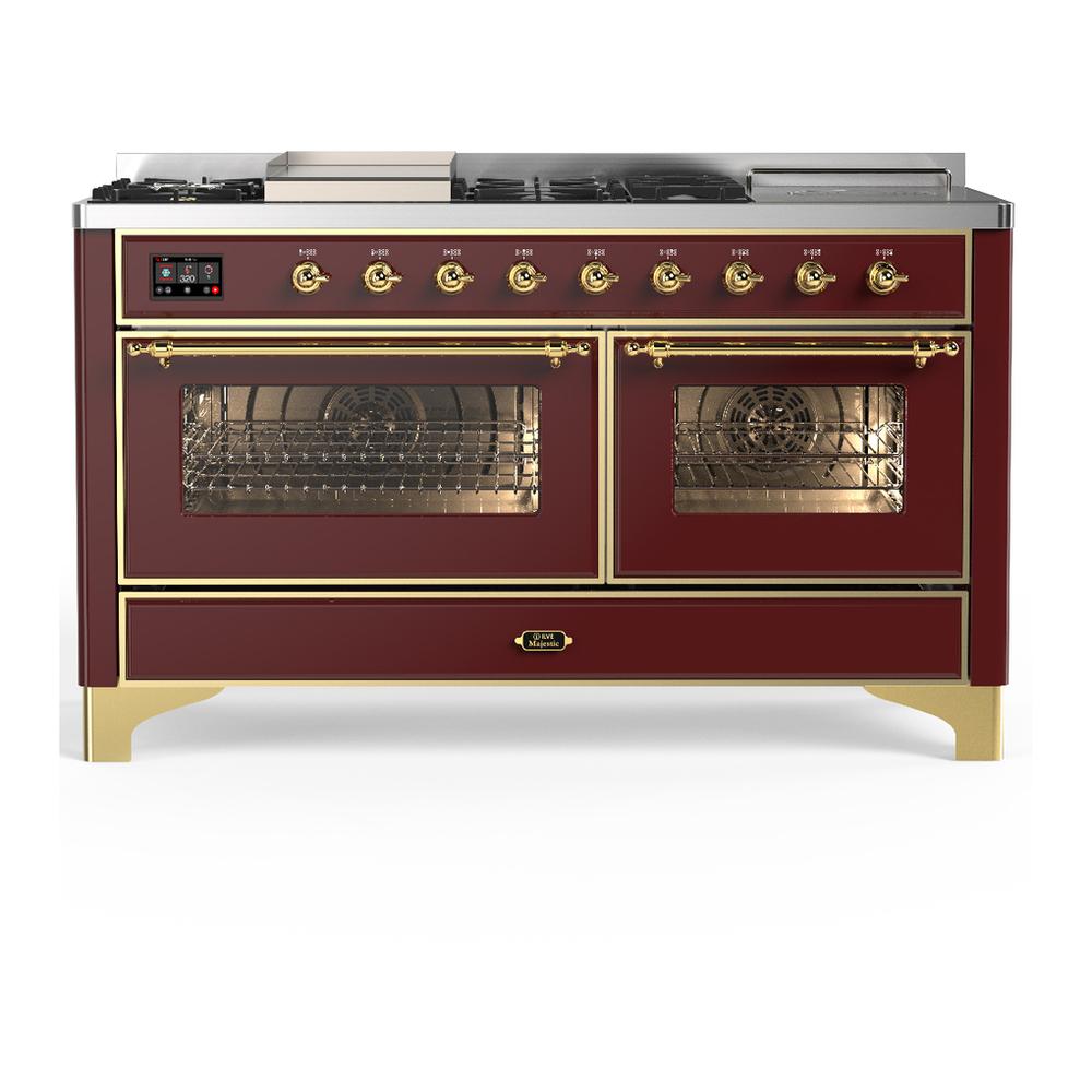 Ilve UM60FSNR3BUGLP Ilve Um60Fsnr3Buglp Majestic Iii 60 Inch Dual Fuel Range With 7 Burners, Griddle And French Top, Dual Function Burner With Up To 25,000 Btu (Liquid Propane, Triple Glass Door, Burgundy, Brass)